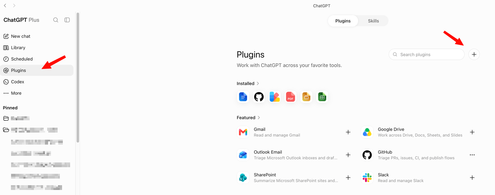 The Plugins page with the add button highlighted