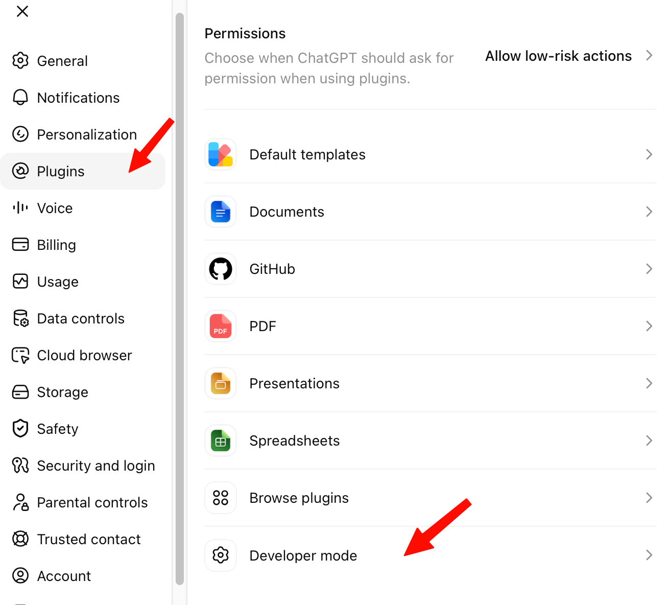 ChatGPT Plugins settings with the Developer mode entry