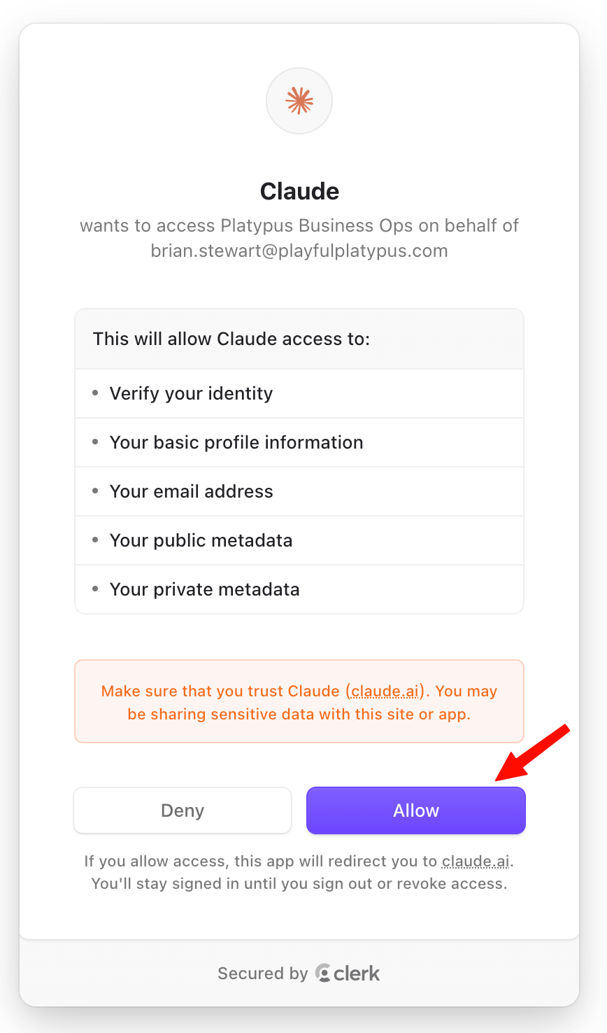 The approval screen with the Allow button