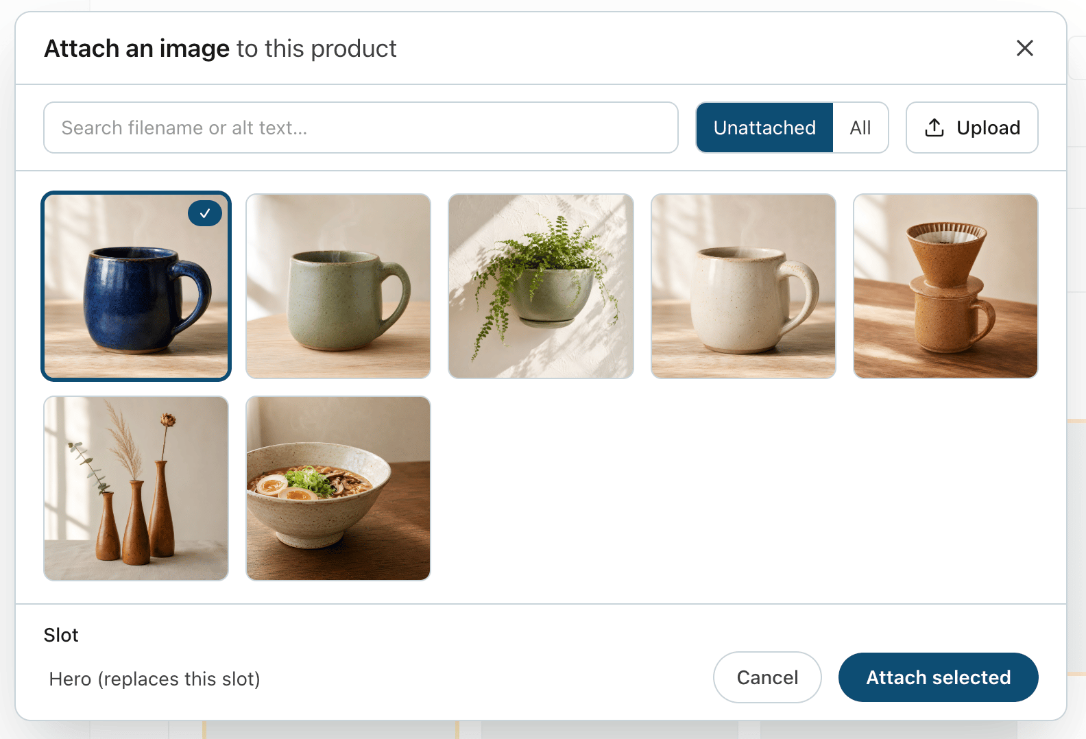 The "Attach an image" picker on a product, with the Hero slot  selected