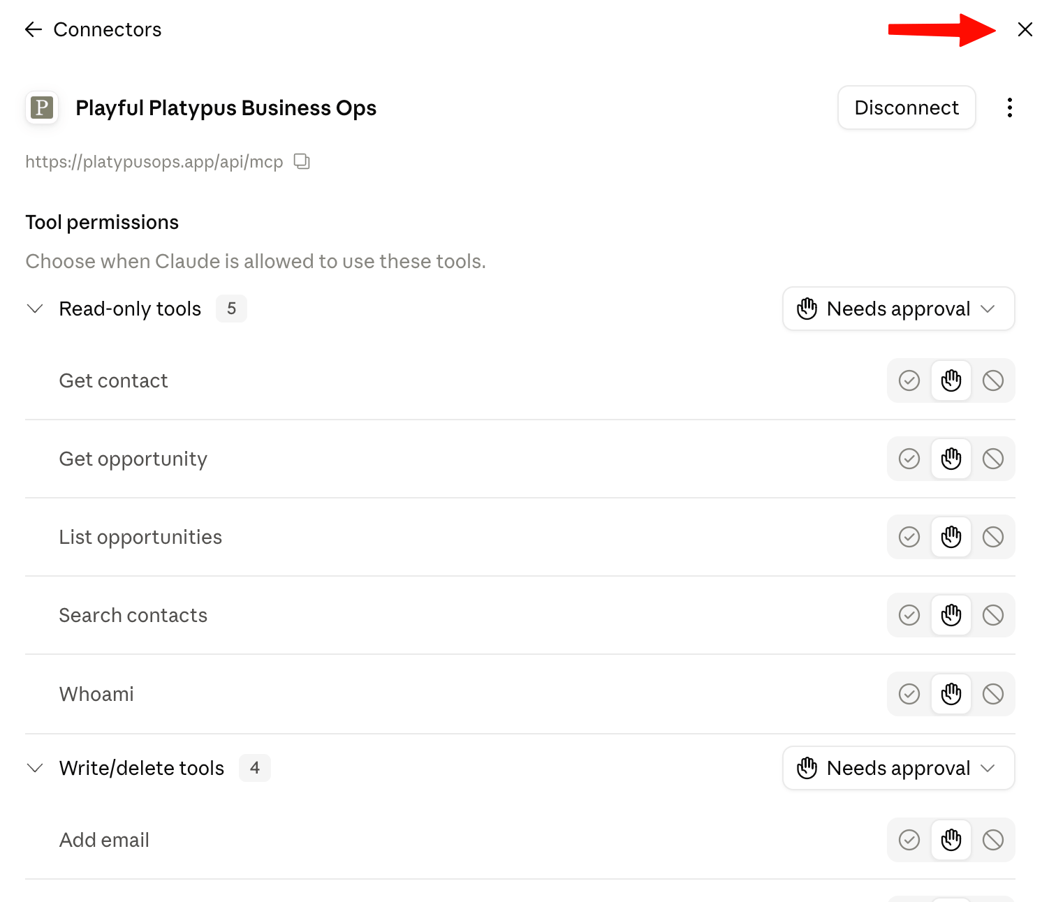 The connector page showing per-tool permissions