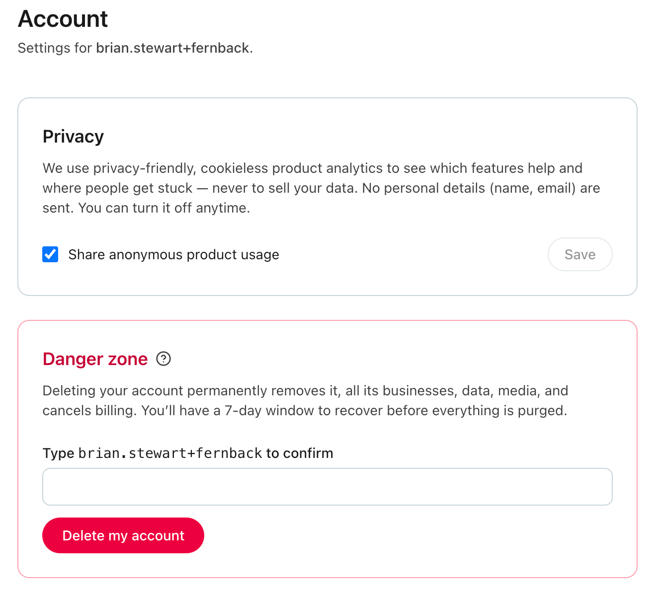 The Danger zone card with the type-name-to-confirm field and "Pause instead" option