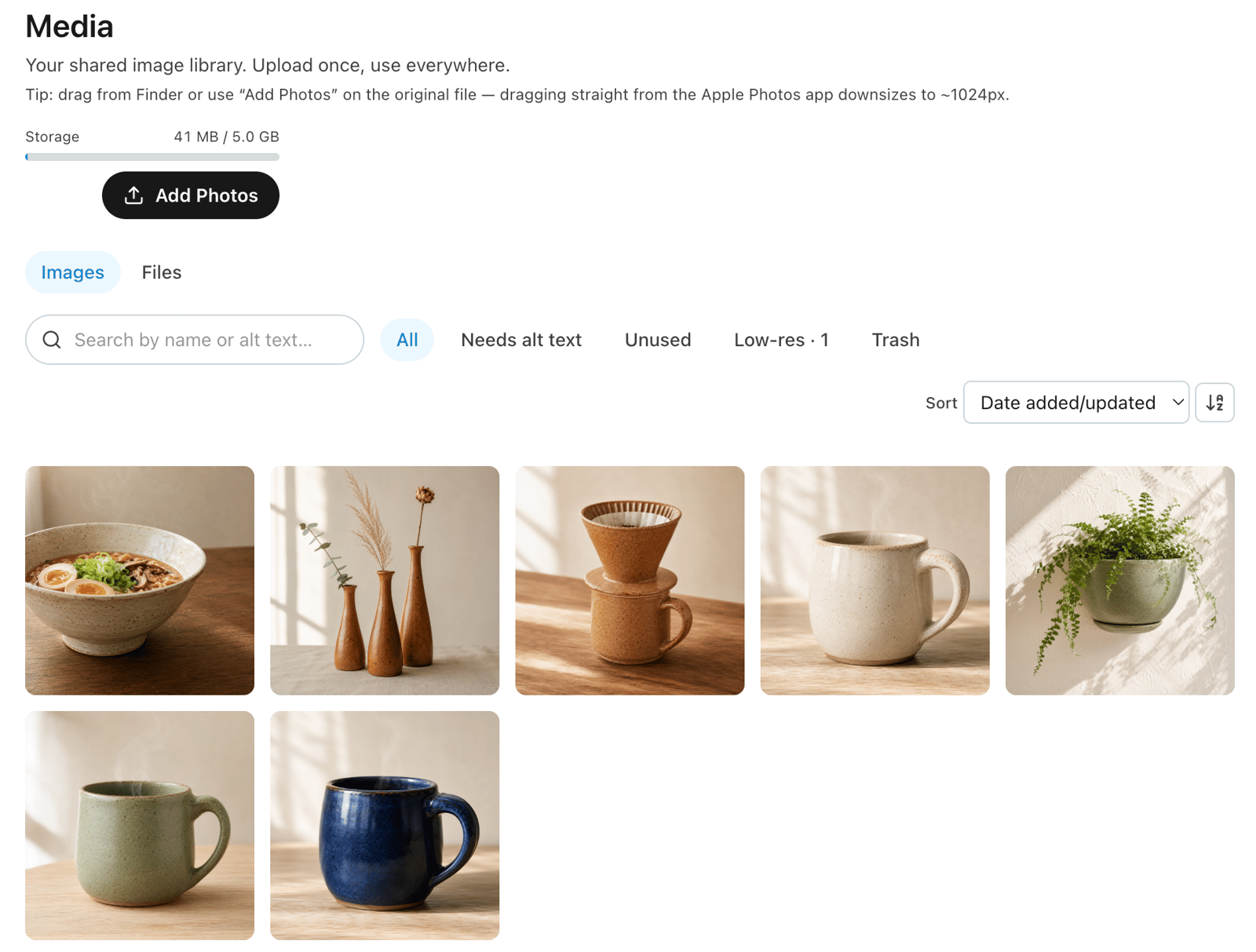 The Media Library with several images already loaded