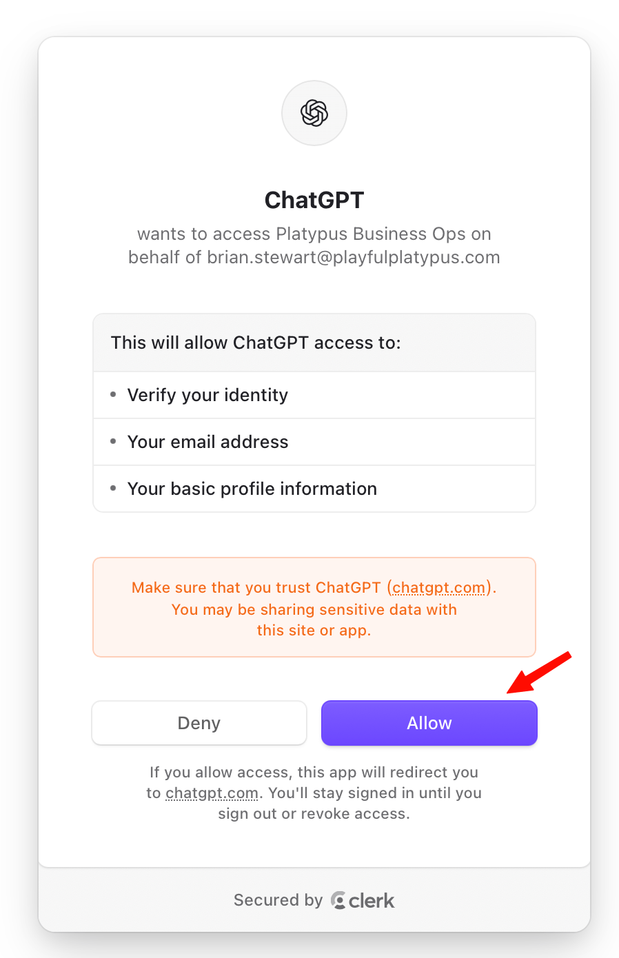 The approval screen with the Allow button