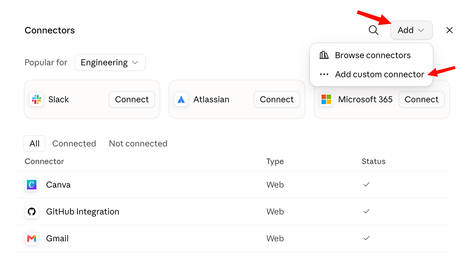 The Connectors page with the Add menu open