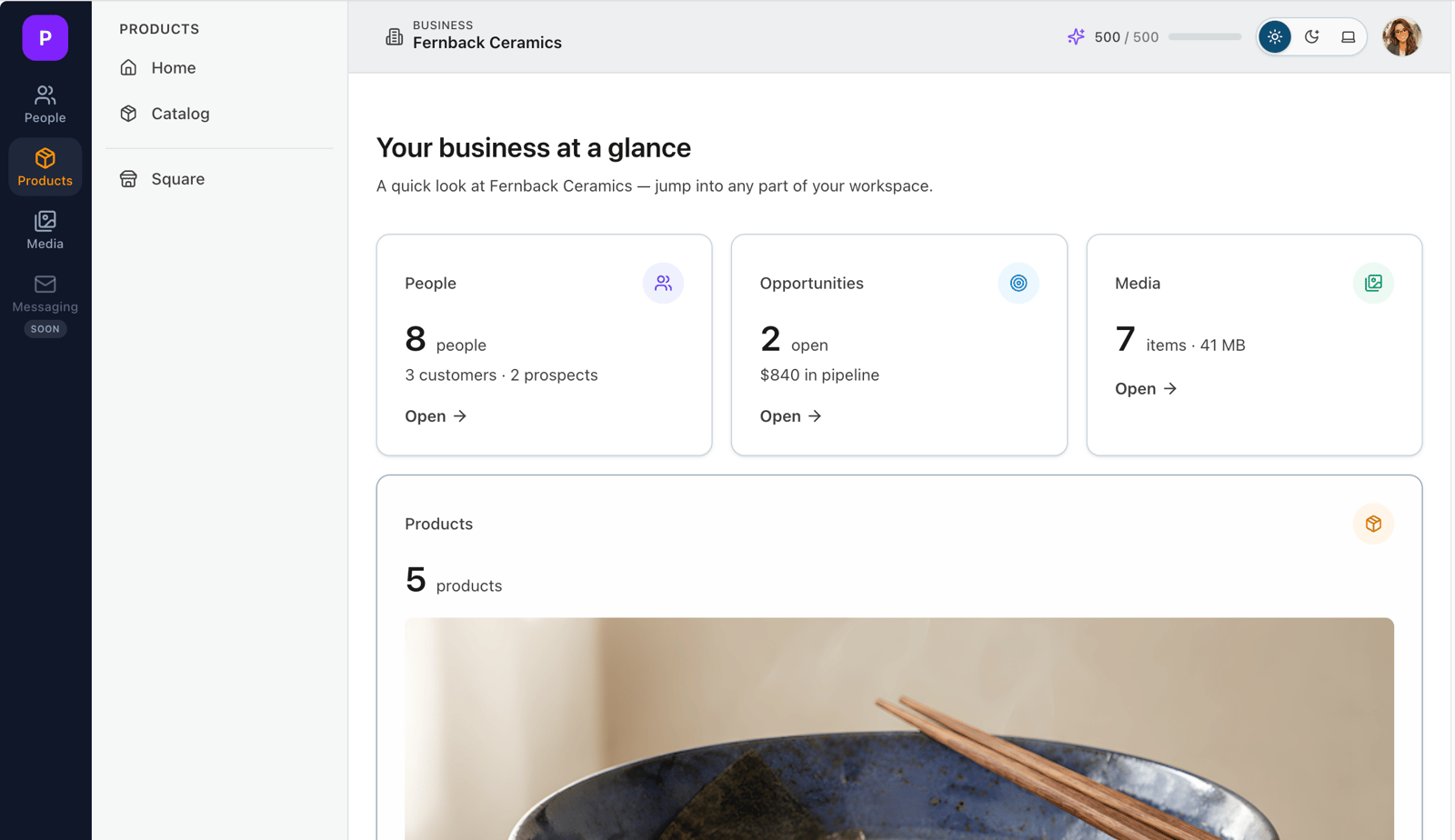 The app with the left rail showing People, Products, Media