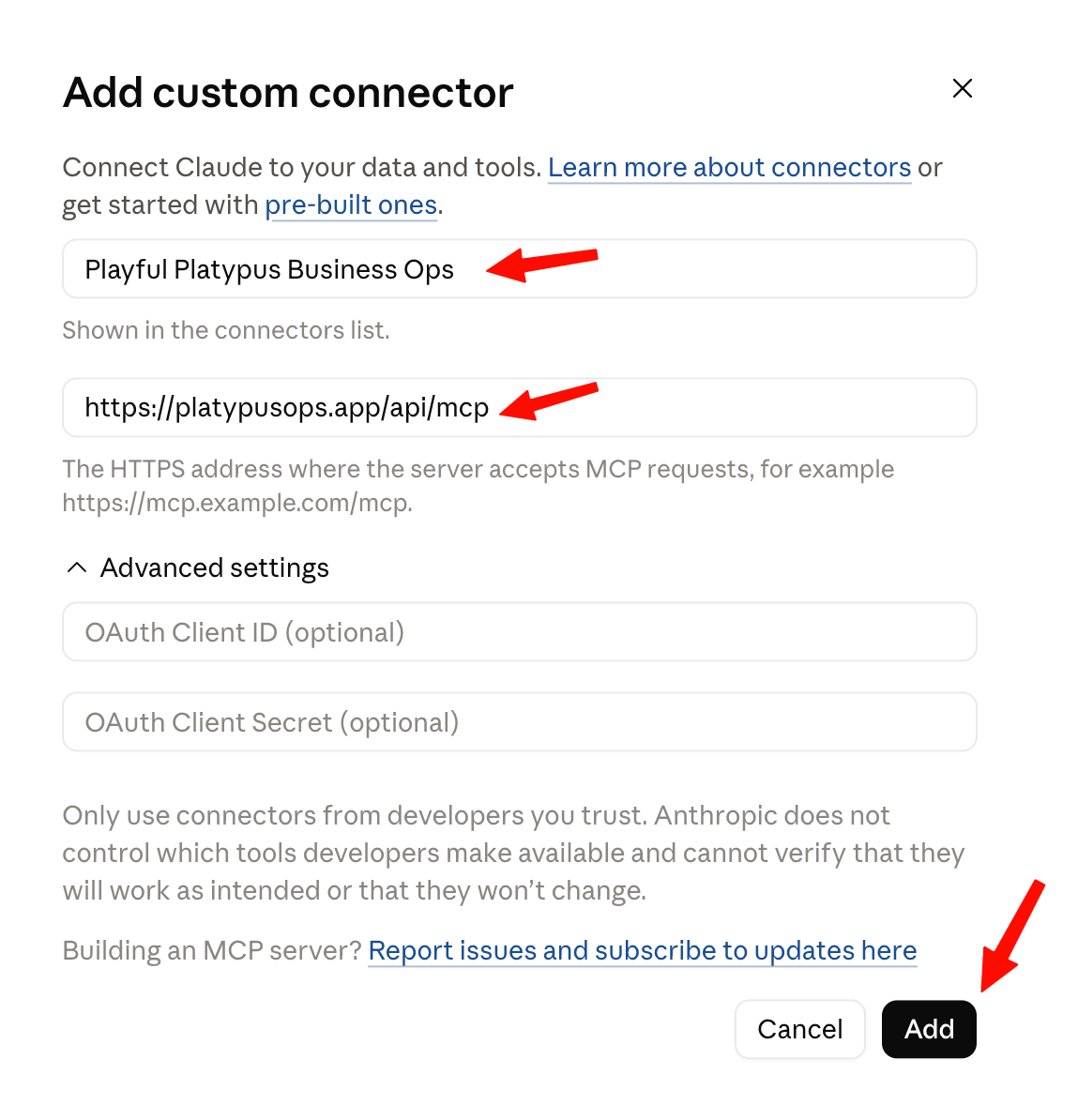The Add custom connector dialog filled out