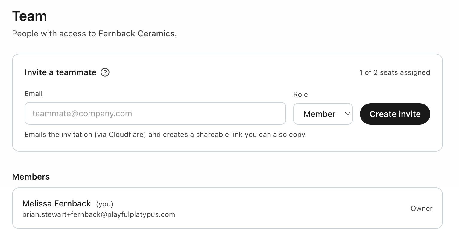 The "Invite a teammate" card with email + role and the Create invite button