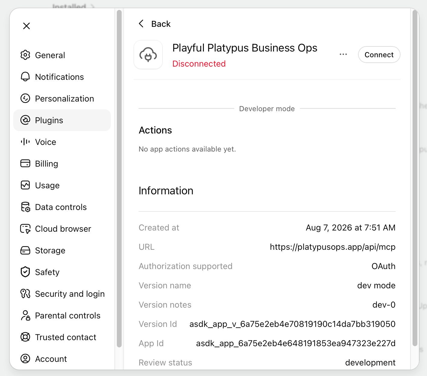 The plugin details page showing the Disconnected label
