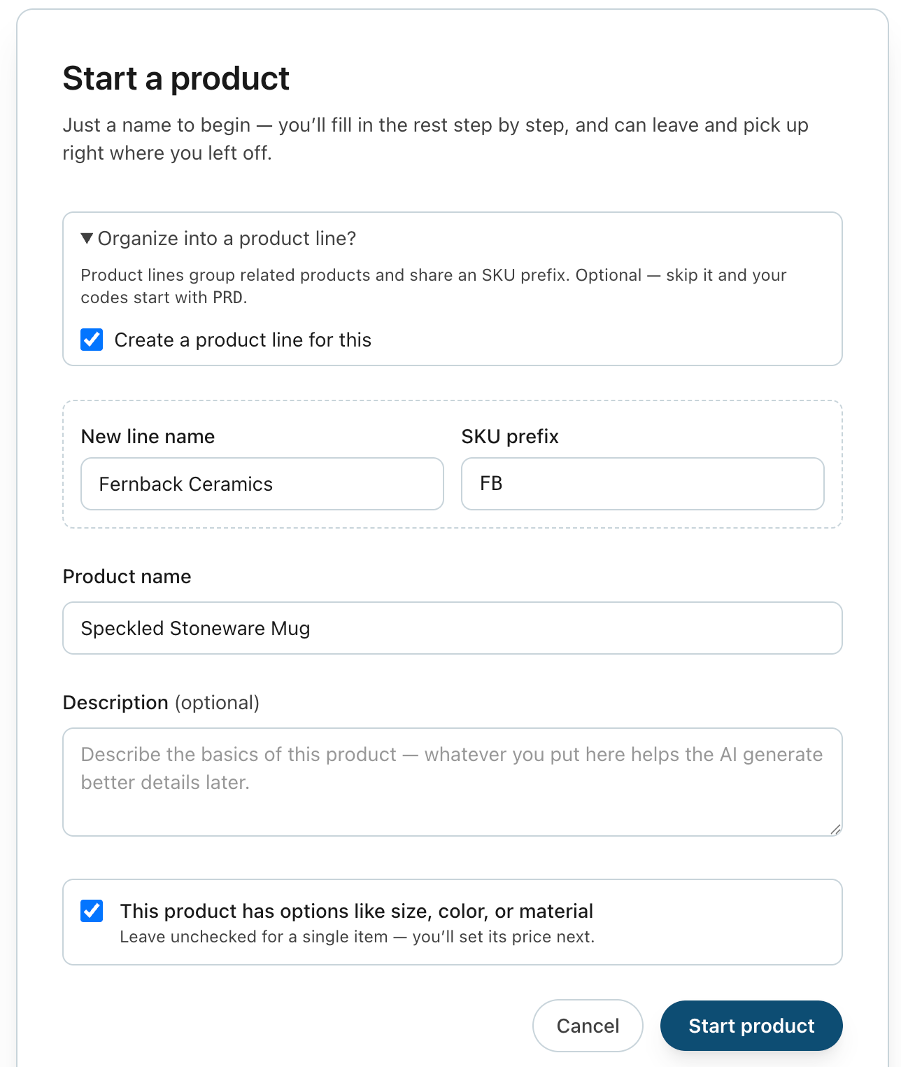 New Product screen mostly filled out