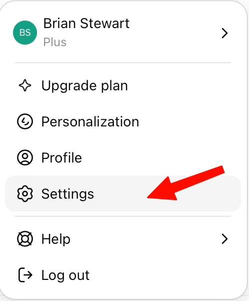 ChatGPT profile menu with Settings highlighted