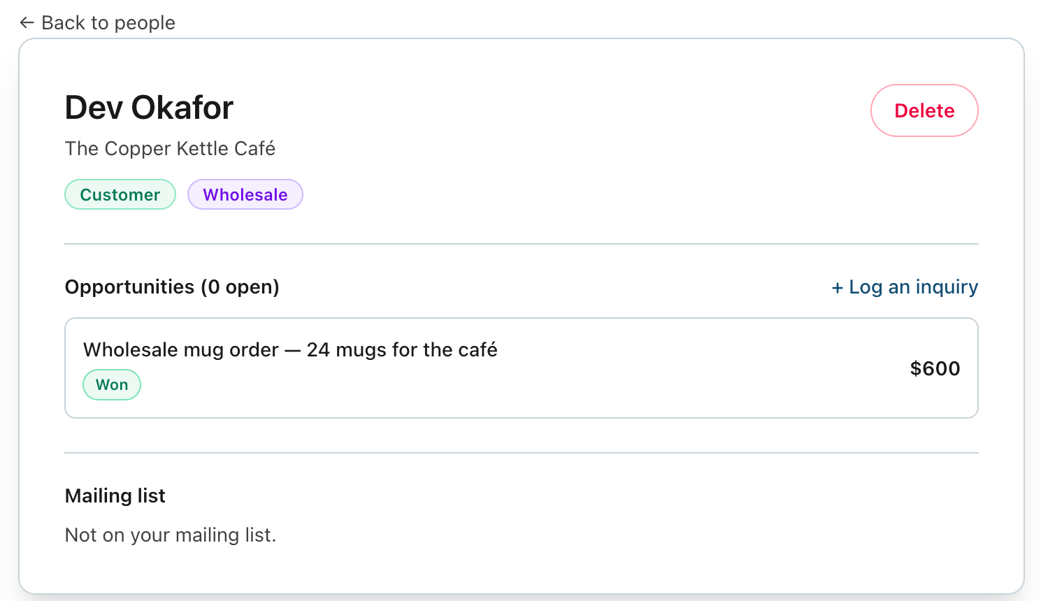 Contact page showing Opportunities