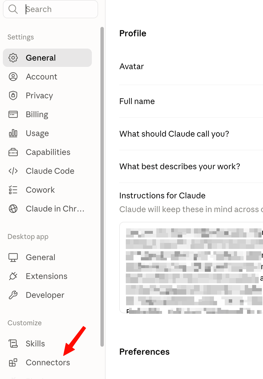 The settings sidebar with Connectors highlighted