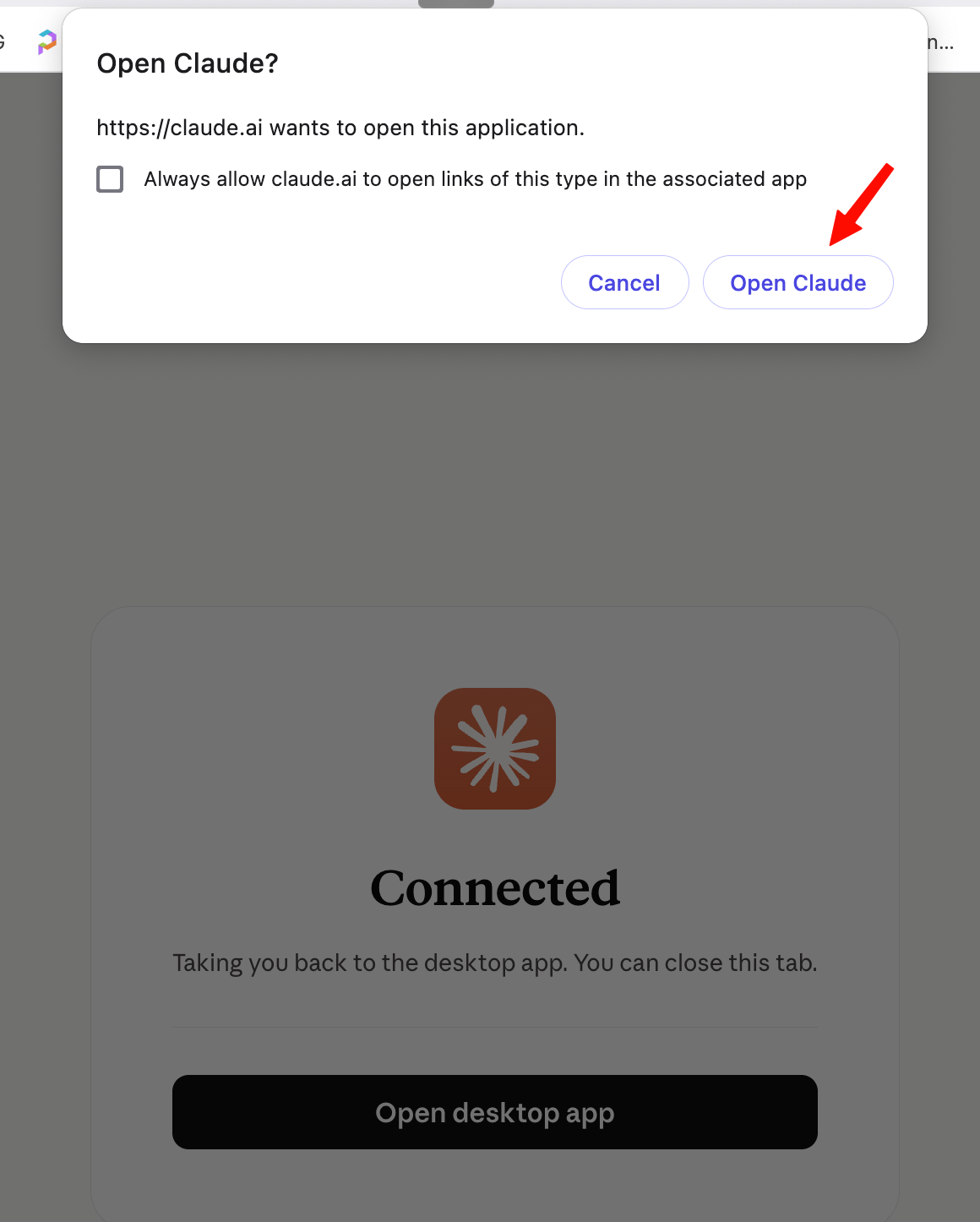 The browser asking to open the Claude app after connecting