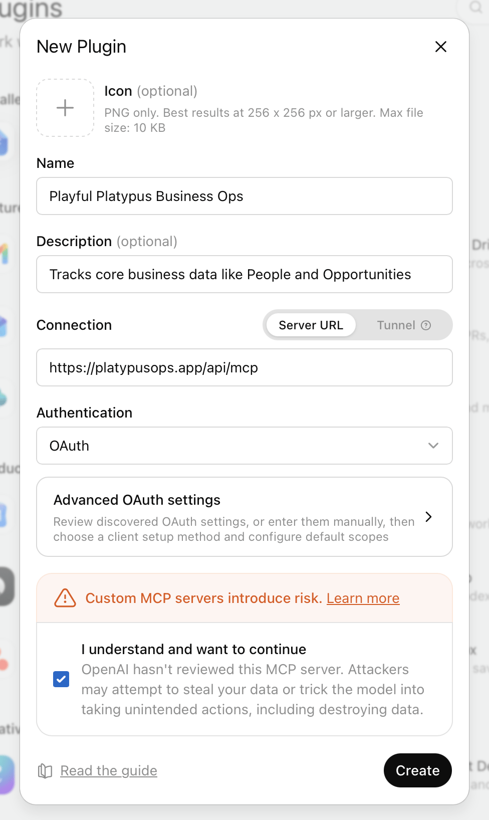 The New Plugin dialog filled out