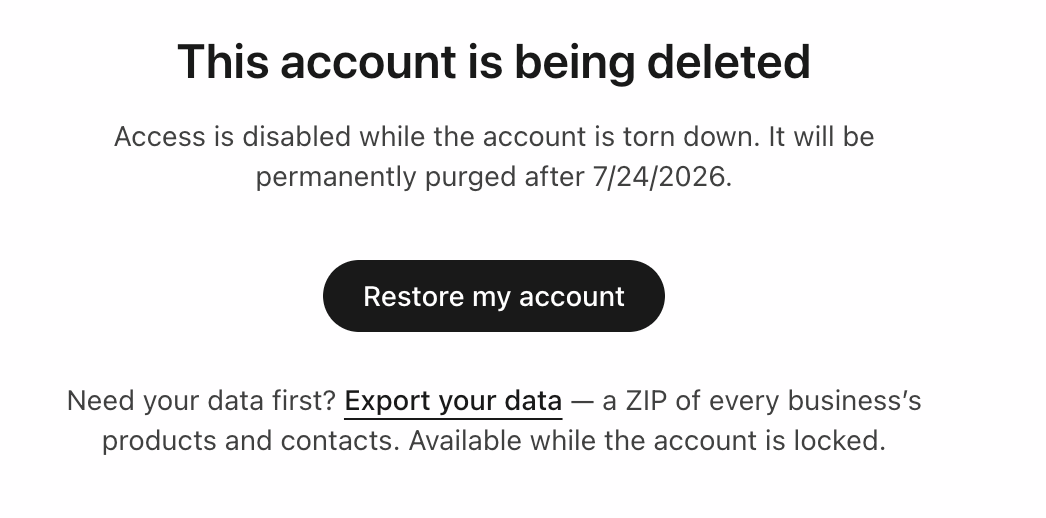 This account is being deleted" screen with the Restore my account button