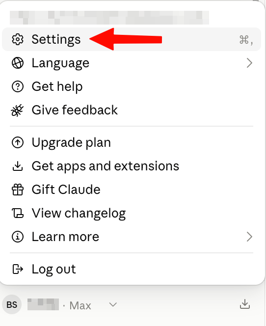 The account menu with Settings highlighted